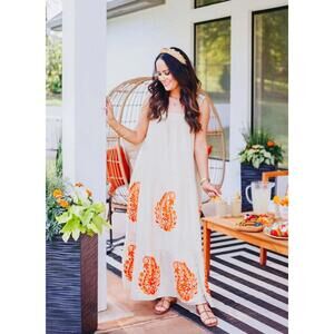 Anthropologie Felicity Embroidered Maxi Dress Womens XS Neutral Beige Pockets